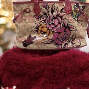 Ed Hardy Floral Canvas Tote - Pink and Tan